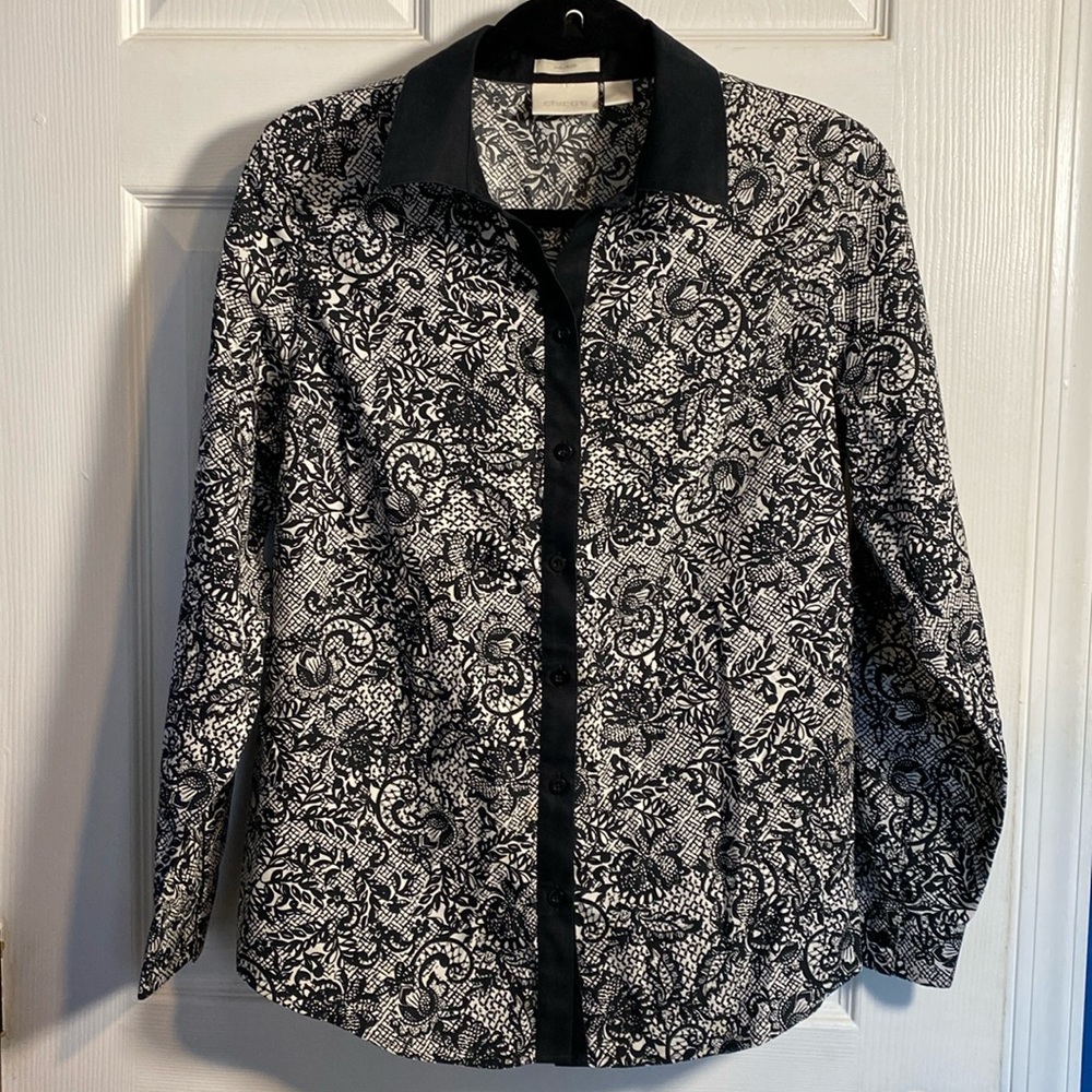 Chicos Printed Black and White Long Sleeve Blouse Top Size Medium Chico Size 1